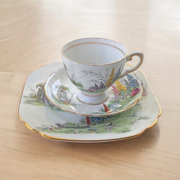 Vintage Plant Tuscan Bone China “Hollyhock” Teacup Saucer Dessert Plate Set - Picture 2 of 7